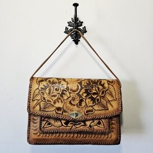 Vintage Floral Hand Tooled Leather Purse Handbag Western Boho
